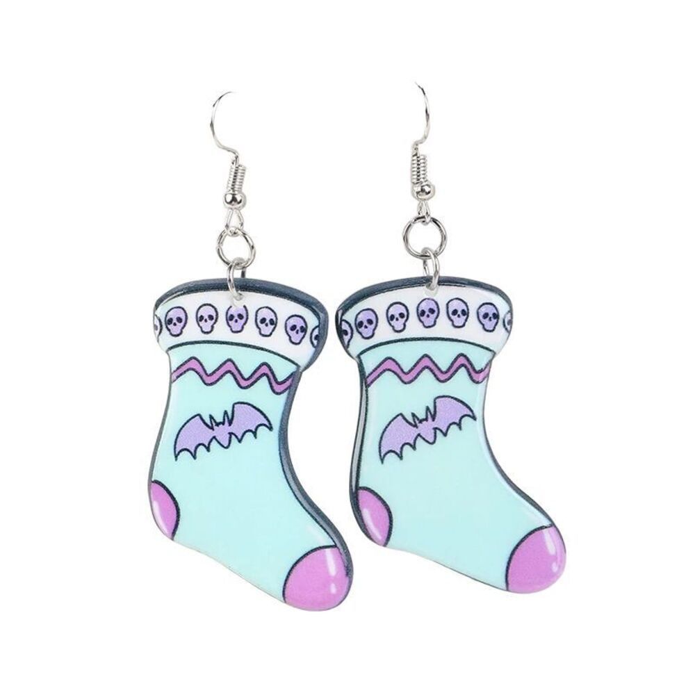 New Christmas Holiday Goth Stockings Drop Earrings Bat Skull Pastel Socks Gift
